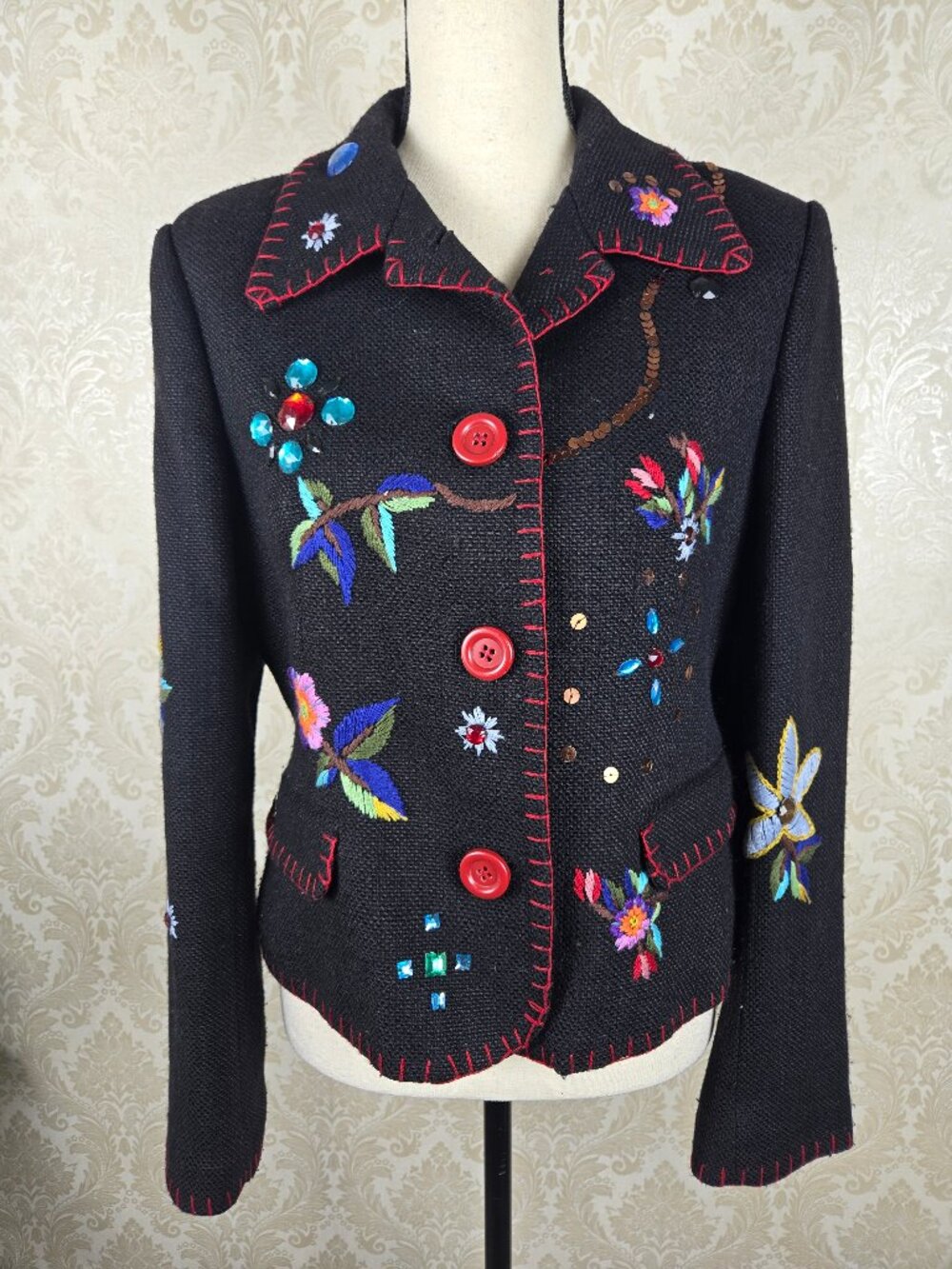 Zara Basic Size Large Black Linen Blend Blazer Floral Sequin Embroidery Colorful